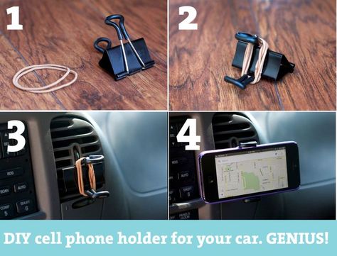 GENIUS DIY cell phone holder for your car...make it in about 30 seconds and save money! #cellphone #diy #car Diy Phone Stand, Phone Holder For Car, Car Diy, Sippy Cups, Smartphone Holder, Binder Clips, Diy Holder, Car Hacks, Road Trip Hacks