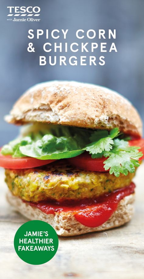 Chickpea Corn Patties, Food Timetable, Corn Burger, Chickpea Burgers, Chickpea Burger, Spicy Corn, Veggie Burgers Recipe, Tesco Real Food, Jamie Oliver Recipes