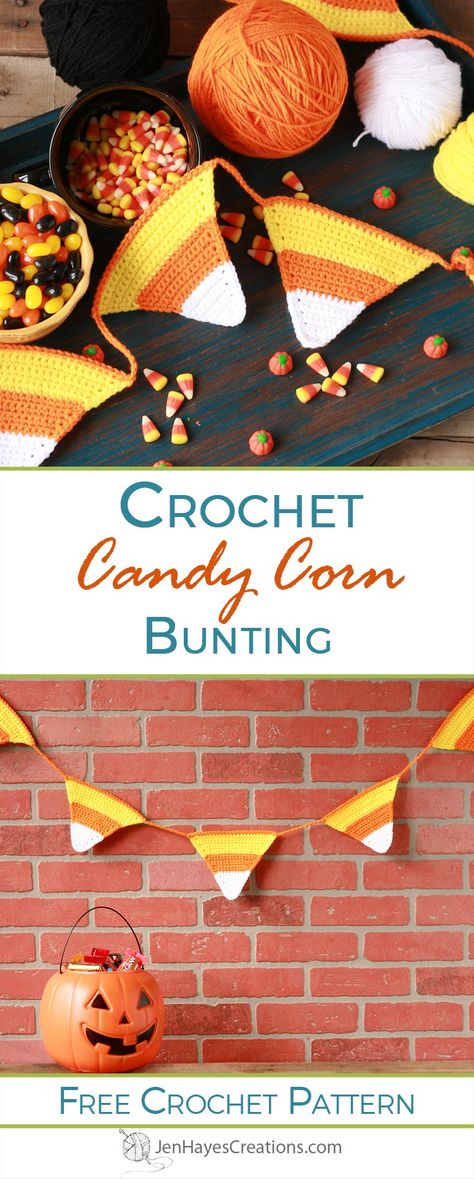 Crochet Candy Corn Bunting | A Free Pattern by Jen Hayes Creations Crochet Candy Corn, Bunting Tutorial, Crochet Candy, Cute Halloween Decorations, Crochet Bunting, Crochet Garland, Crochet Patterns Free, Fall Crochet Patterns, Crochet Halloween