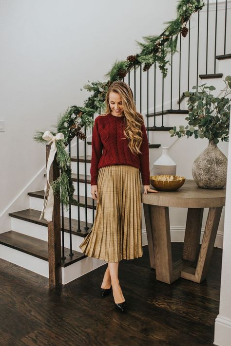 dress up for a holiday party with this beautiful gold pleated skirt from walmart! Gold Pleated Skirt Outfit, Gold Skirt Outfit, Simple Christmas Outfits, Holiday Party Outfit Work, Plated Skirt, Christmas Choir, Gold Pleated Skirt, Casual Holiday Outfits, Christmas Wardrobe