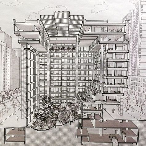 Architecture, Design & Photography: Section drawing of the ford foundation by #kevinroche courtesy of LTL architects #nyc#office#rochedinkeloogarden by jazzyli_nyc Ford Foundation Atrium, Office Section Architecture, Ford Foundation Building, Building Section Architecture, Atrium Design Architecture, Foundation Architecture, Ltl Architects, Architecture Sections, Section Drawing Architecture