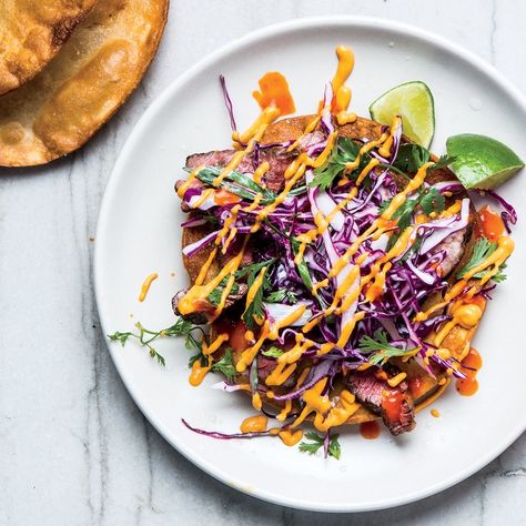 Skirt Steak Tostadas with Cashew Salsa and Red Cabbage Slaw | Bon Appétit Nov 2016 on epicurious Steak Tostadas, Red Cabbage Slaw Recipes, Fajita Recipes, Best Cabbage Recipe, Cabbage Slaw Recipes, Cashew Recipes, Tostada Recipes, Red Cabbage Slaw, Slaw Recipe