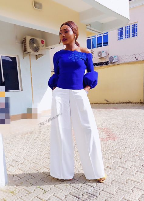 White Palazzo Pants Outfit, Blue Pants Outfit, White Palazzo Pants, Royal Blue Top, White Wide Leg Pants, Navy Blue Top, White Trousers, Black And White Tops, Clothing Essentials