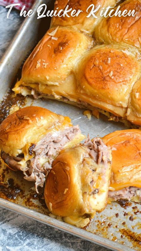 Roast beef and cheddar sliders with horseradish are zippy sandwiches perfect for an easy dinner, lunch, or appetizers. Hawaiian rolls get piled high with tender beef, melted cheddar, horseradish spread and a zesty sauce for a dish you’ll crave!V iew more easy family friendly recipes on thequickerkitchen.com Horseradish Dishes, Roast Beef Sliders Hawaiian Rolls, Roast Beef And Cheddar Sliders, Beef And Cheddar Sliders, Roast Beef And Horseradish, Beef And Cheddar, Roast Beef And Cheddar, Ham Sauce, Sandwich Melts