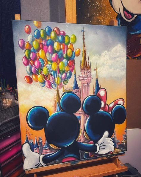 Disney Artwork Paint, Minnie And Mickey Painting, Disney Art Canvas, Disney World Painting, Disney Collage Painting, Disney Cartoon Paintings, Abstract Disney Art, Disney Abstract Art, Disney Oil Painting