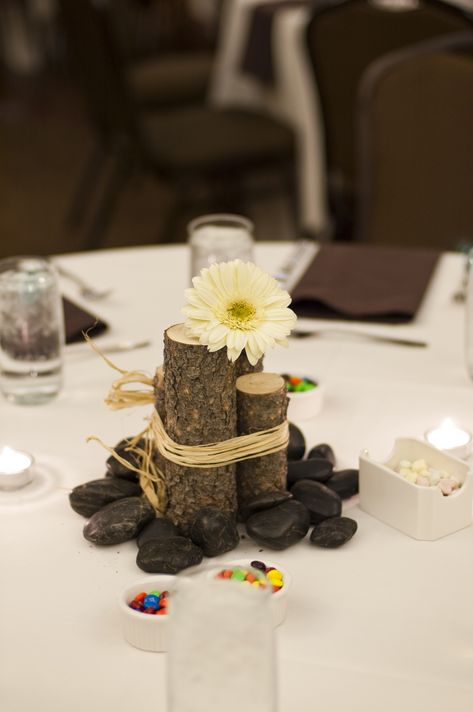 Pinterest Affordable Centerpieces | Easy, Cheap Centerpieces | White inspiration Outdoorsy Centerpiece Ideas, Rock Wedding Centerpieces, Manly Table Centerpieces, Wood Pieces For Centerpieces, Sunflower And Daisy Centerpieces, Missions Conference Table Centerpieces, Rock Centerpieces Wedding, Manly Centerpieces, Rock Centerpieces