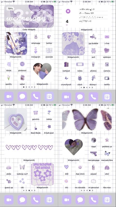 Purple Iphone Asthetic, Kpop Purple Widget, White And Purple Homescreen, Ios Purple Home Screen, Ios Home Screen Ideas Purple, Purple Ios 16 Layout, Iphone Homescreen Ideas Purple, Purple Layout Iphone, Ios 16 Home Screen Ideas Purple