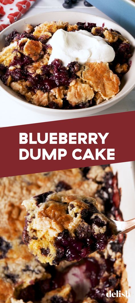 Blueberry Dump Cake is SO much better than blueberry pie. Get the recipe at Delish.com. #recipe #easy #easyrecipes #delish #blueberry #cake #berries #fruit #summer #dessert #dessertrecipes #baking #dumpcake Oatmeal Desserts, Blueberry Dump Cake, Rhubarb Dump Cakes, Blueberry Dump Cake Recipes, Blueberry Dump Cakes, Cake Mixes, Easy Blueberry, Rhubarb Recipes, Gf Desserts