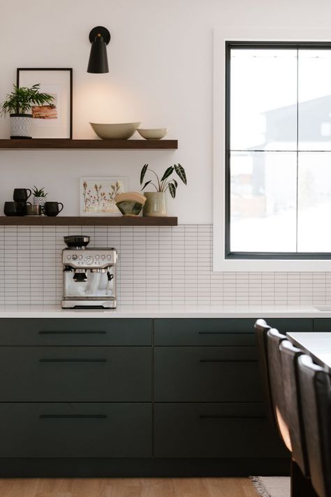 Benjamin Moore Fatigue Green, Kitchen With Coffee Bar, Chantilly Lace Benjamin Moore, Walnut Countertop, Tall Pantry Cabinet, Timber Kitchen, Dining Interior, Green Kitchen Cabinets, Mid Century Modern Kitchen