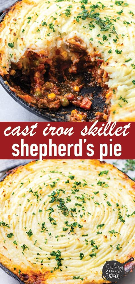 Cast Iron Skillet Shepherd's Pie! This easy cast iron shepherd's pie is comforting, filling, and delicious #cookingformysoul Potatoes With Parmesan Cheese, Green Beans And Corn, Cast Iron Skillet Recipes Dinner, Carrots Green Beans, Beans And Corn, Diy Easy Recipes, Iron Skillet Recipes, Shepherds Pie Recipe, Cheese Baked