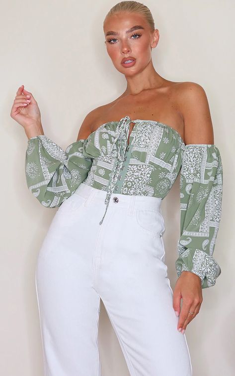 Sage Green Bandana Print Hook & Eye Bardot Long Sleeve Bodysuit - Team with white wide leg trousers and a white mini handbag to finish the look Colour Sage Green, Sage Green Tie, Green Bandana, White Wide Leg Trousers, Emerald Green Blouse, Green Shirts, Bardot Crop Top, Green Corset, Ruched Bodycon Dress