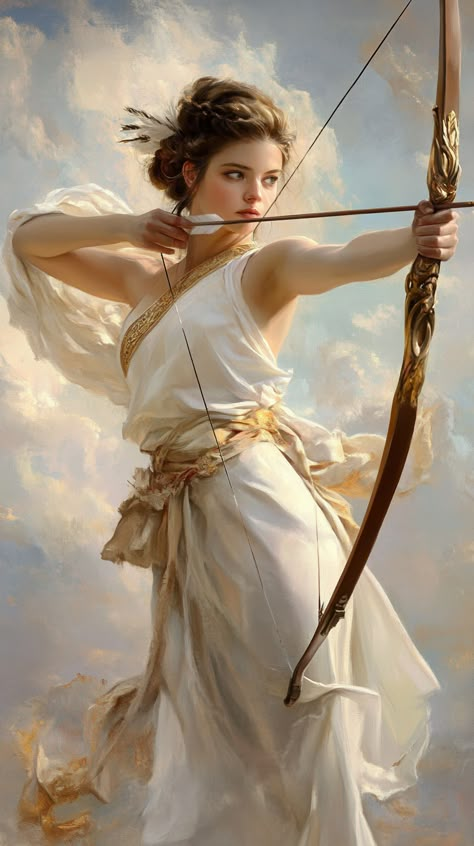 Elegantly capturing the adventurous spirit of Sagittarius, a woman radiates celestial beauty in Richard S. Johnson's style, blending grace and exploration in every stroke. Antigua Grecia Aesthetic, Zodiac Sagittarius Art, Grecia Aesthetic, Songwriting Aesthetic, Artemis Art, Sagittarius Energy, Goddess Power, Sagittarius Art, Greek Goddess Art