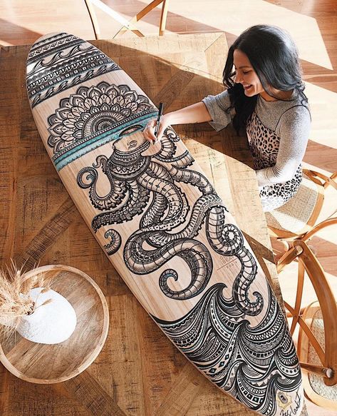 Jess Lambert, Octopus Drawings, Surfboard Paint, Surfboards Artwork, Surfboard Art Design, Surfboard Painting, Alana Blanchard, Mavericks Surfing, Band Tattoos