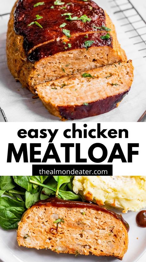 This Chicken Meatloaf is the easiest weeknight dinner recipe! It's perfectly moist, made with ground chicken and parmesan cheese and is topped with a delicious ketchup glaze. Plus, it comes together in just 1 hour. Talk about healthy comfort food! Ground Chicken Casserole, Ground Chicken Meatloaf, Chicken Meatloaf Recipe, Traditional Meatloaf Recipes, Chicken Meatloaf, Chicken Mashed Potatoes, Ground Pork Recipes, Ground Chicken Recipes, Healthy Comfort