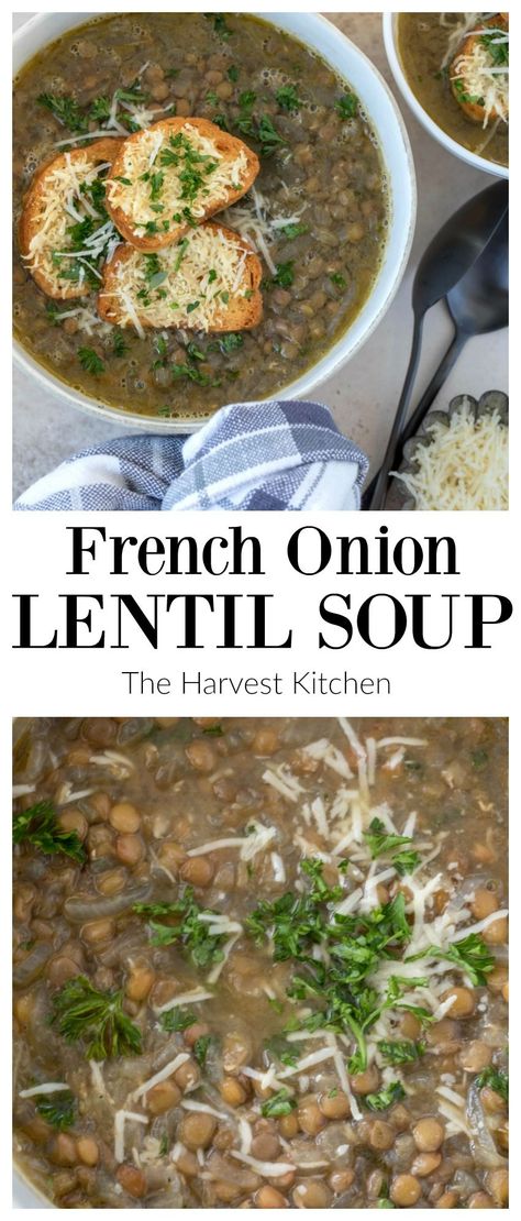 French onion soup meets lentil soup with this delicious vegetarian French Lentil Soup recipe. This is the best lentil soup that combines all the flavors of French onion soup together with lentils for a more substantially filling and protein rich soup. Lentil Soup Crockpot, Best Lentil Soup, Vegetarian French Onion Soup, Lentils Instant Pot, French Lentil Soup, Green Lentil Soup, Best Lentil Soup Recipe, Lentil Recipes Easy, French Green Lentils