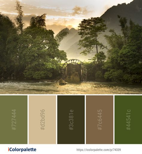 Color palette theme related to bank, Color Palettes from Images, landscape, morning, nature, reflection, river, sky, tree, vegetation, water, . Download color palette as Pdf, Adobe swatch and more. Landscape Design Color Palette, Colour Palette Landscape, Outdoor Colour Palette, Tropical Forest Color Palette, Landscape Colour Palette, Forest Pallete, Green Nature Color Palette, Roman Palette, Jungle Colour Palette