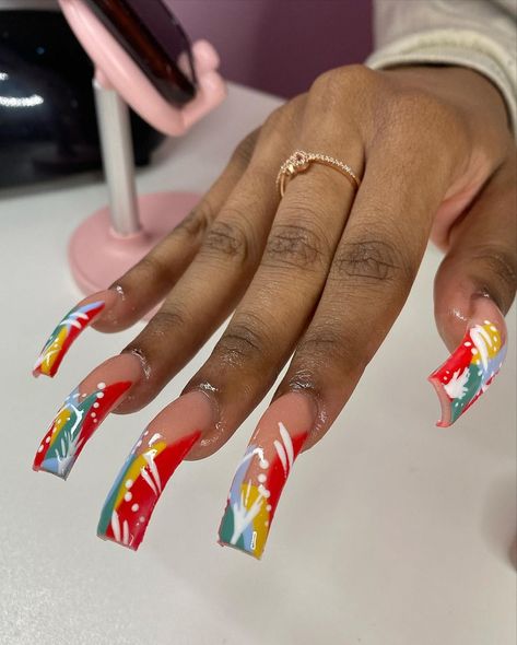 Long Deep French Tip Nails, Curved Tip Nails, 90s Nails Acrylic Curved, 90s Curved Nails Long, Colorful Square Nails, 90s Style Nails, 90s Nails Trends, 90s Theme Nails, Long Curved Nails