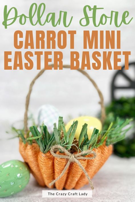 Dollar Store Carrot Mini Easter Basket Easter Basket Craft, Carrot Craft, Dollar Tree Easter Crafts, Mini Easter Basket, Easter Basket Crafts, Farmhouse Easter Decor, Mini Basket, Farmhouse Easter, Dollar Store Diy Projects