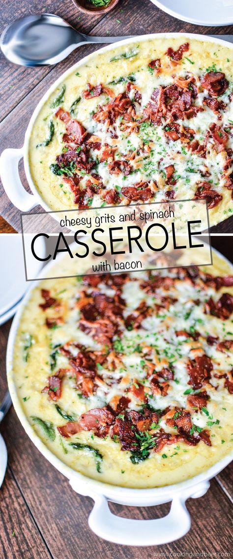 Cheesy Grits and Spinach Casserole with Bacon is a comforting side dish recipe for any occasion! | www.cookingandbeer.com Breakfast Casserole With Grits, Grits Recipes, Casserole With Bacon, Grits Casserole, Breakfast Casserole Bacon, Spinach Casserole, Cheesy Grits, Grits Recipe, Cereal Recipes