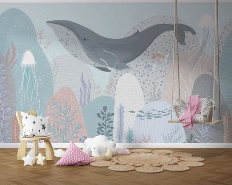 29Decor - Etsy Sea Creature Nursery, Under The Sea Mural, Ocean Wall Mural, Blue Nursery Ideas, Child Playroom, Whale Wallpaper, Decor Marin, Sea Nursery, Life Wallpaper