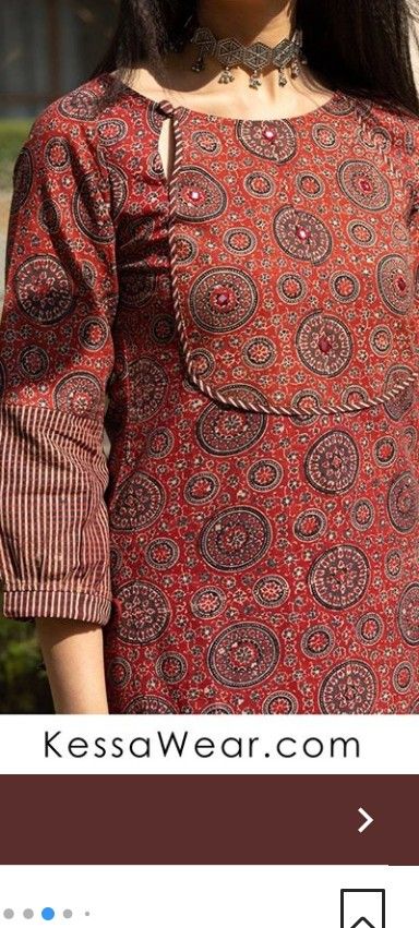 Churidar Yoke Patterns, Ajrkha Kurti, Ajrakh Kurta Neck Designs, Cotton Ajrakh Kurti, A Line Cotton Kurti, Yoke Kurti Designs Cotton, Ajrak Print Kurti Designs, Cotton Suits Neck Design Latest, Ajrakh Kurta Designs Pakistani