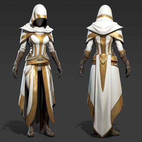 Eternals Costume Design, White And Gold Fantasy Outfit, White And Gold Superhero Suit Female, Cleric Clothing, White Leather Armor, White And Gold Armor, Cleric Robes, Angelic Armor, Celestial Armor