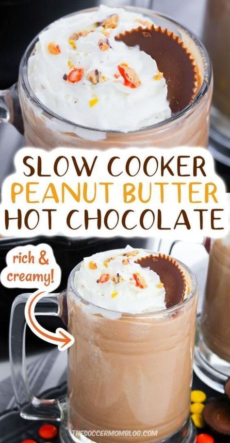 Learn how to make this amazing peanut butter hot chocolate recipe from the Soccer Mom Blog! This Crockpot Peanut Butter Hot Chocolate is made with just six simple ingredients and loaded with flavor. It is perfect for a delicious dessert while watching Christmas movies! Try this drink recipe this holiday season! Peanut Butter Hot Chocolate Recipe, Crockpot Drinks, Peanut Butter Hot Chocolate, Watching Christmas Movies, Crockpot Hot Chocolate, Hot Drinks Recipes, Chocolate Recipes Homemade, Hot Chocolate Drinks, Hot Chocolate Recipe