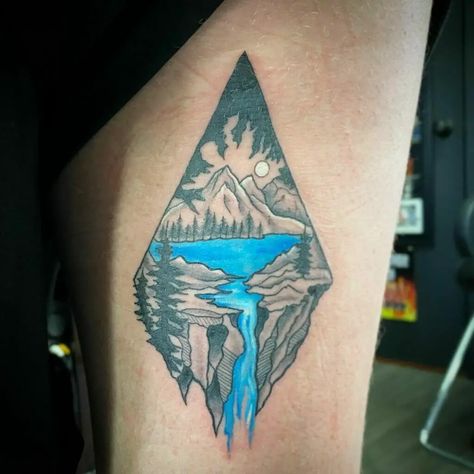 Waterfalls Tattoo Ideas, Waterfall Mountain Tattoo, Waterfall Tattoos For Women, Small Waterfall Tattoo, Water Scene Tattoo, Simple Waterfall Tattoo, Small River Tattoo, Waterfall Tattoo Design, Waterfall Tattoo Ideas