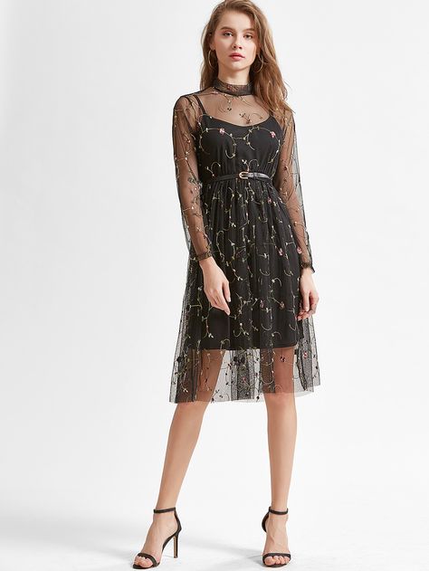 Shop Black Flower Embroidered Mesh Overlay Dress online. SheIn offers Black Flower Embroidered Mesh Overlay Dress & more to fit your fashionable needs. Overlay Dress Pattern, Mesh Overlay Dress Black, Glitter Homecoming Dress, Dresses Dinner, Black Flower Dress, Long Sleeve Embroidered Dress, Net Embroidery, Embroidered Mesh Dress, Mesh Overlay Dress