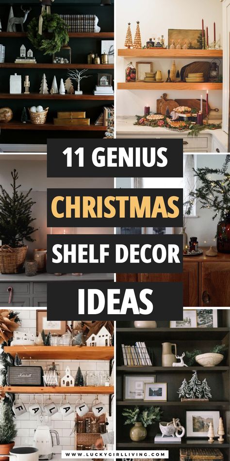 Decorating for Christmas can be daunting. There’s so many directions you could run or on the othr hand, you have no idea what you want. Here are 11 Christmas shelf decor ideas that are perfect for that holiday inspiration. #Christmas #shelf #decor #shelfdecor #inspo #holiday Floating Shelf Christmas Decor Living Room, Book Shelf Christmas Decor Ideas, Christmas Decor For Floating Shelves, Holiday Shelf Decor Living Room, Styling Christmas Shelves, Small Shelf Christmas Decor, Christmas Decor Ideas For Bookshelves, Simple Christmas Shelf Decor, Christmas Decor For Bookshelves