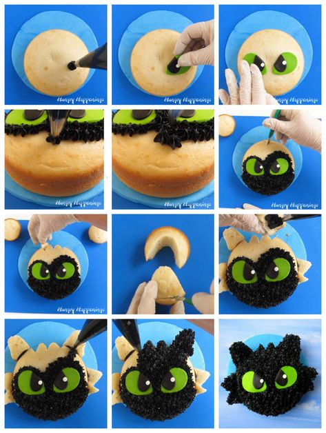 Learn how to make a simple Tootless Cake for your How To Train Your Dragon Party at HungryHappenings.com. #toothlesscake #howtotrainyourdragon #cakes Httyd Party, Toothless Party, Toothless Cake, Recipes Nutella, Dragon Themed Birthday Party, Dragon Birthday Cakes, Savory Cakes, Dragon Cakes, Dragon Birthday Parties