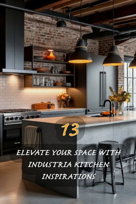 I love how this industrial kitchen blends raw materials with modern elegance. The exposed brick, sleek appliances, and warm lighting create an inviting atmosphere that inspires creativity in cooking. Check out these 13 ideas to transform your kitchen into a stylish, functional space! Industrial Kitchen Decor Ideas, Industrial Interior Design Kitchen, Industrial Kitchen Design Ideas, Industrial Kitchen Ideas, Industrial Modern Kitchen, Japandi Dining Room, Industrial Kitchens, Organic Modern Kitchen, Industrial Decor Kitchen