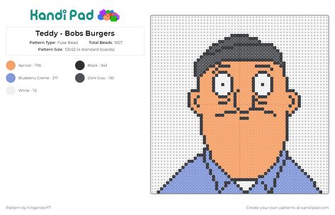 Teddy - Bobs Burgers Fuse Bead Pattern Bobs Burgers Crochet Pattern, Bobs Burgers Pixel Art Grid, Bobs Burgers Crochet Pattern Free, Bobs Burgers Crochet, Bobs Burger Pixel Art, Perler Bobs Burgers, Bobs Burgers Perler Beads, Teddy Bobs Burgers, Bobs Burgers Alpha Pattern