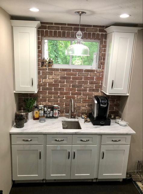 Coffee Bar Sink Ideas, Coffee Bar Ideas With Sink, Small Bar With Sink, Coffee Bar With Sink And Mini Fridge, Backsplash Coffee Bar, Water Bar Ideas, Basement Snack Bar Ideas, Coffee Bar With Sink, Bar Sink Ideas