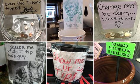 Clever cashiers elevate collecting tips to an art form with witty jars Clever Tip Jars, Tip Jar Sign Ideas, Fun Tip Jar Ideas, Bartender Tip Jar Ideas, Tip Jar Signs Funny, Cute Tip Jar Ideas For Work, Funny Tip Jar Sayings, Tip Jar Ideas For Work Funny, Tip Jar Sayings