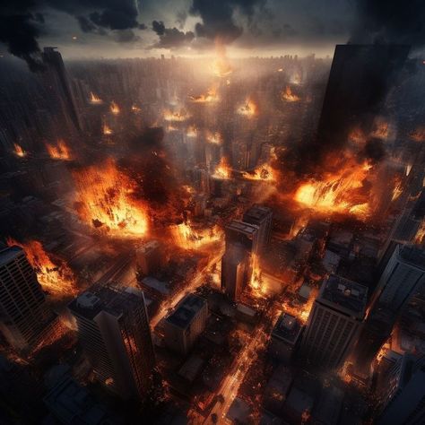 Fantasy Burning City, Burnt Down City, City Burning Aesthetic, City Burning Art, Doomsday Concept Art, Burning City Background, Burning City Aesthetic, Burning City Art, World Burning