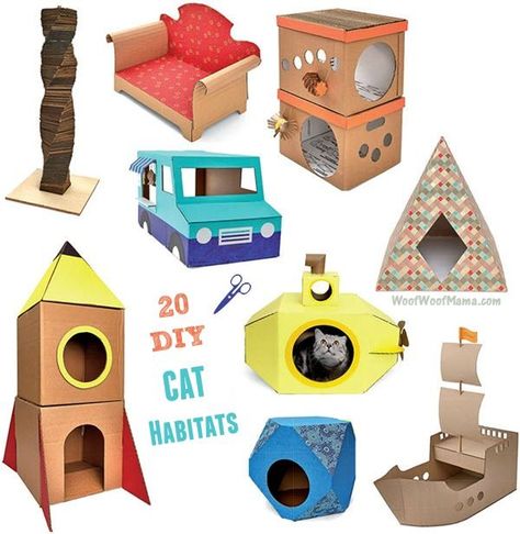 Looking for a great gift book for cat lovers or want to treat your own fancy feline to a new abode? Grab a copy of DIY Cat Castles: 20 Cardboard Habitats You Can Build Yourself and learn how to build homemade habitats with easy instructions and common materials. Shoeboxes and paper bags are fine for other cats. But your favorite felines deserve luxurious living spaces! This DIY construction guide includes fun and easy instructions for making cardboard trains, ships, food trucks, rockets, and... Cat Habitat, Katt Diy, Diy Karton, Kat Diy, Cardboard Cat House, Cat Castle, Cat Houses, Cat House Diy, Diy Cat Toys