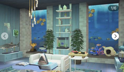 Ocean Room Ideas, Underwater Room, Town Inspiration, Ac Ideas, Ocean Room, Fishing Room, Ac New Leaf, Animal Crossing Funny, Acnh Design