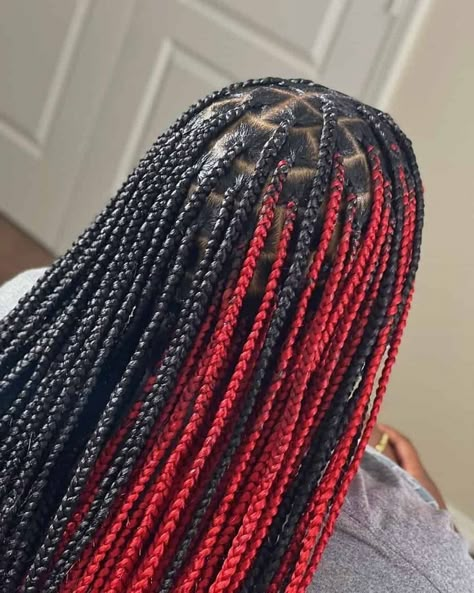 Braided Hairstyles Peekaboo Red, Knotless Braids Red Peekaboo, Long Black And Red Braids, Peekaboo Box Braids Red And Black, Different Colors Braids, Black Red Box Braids, Hair Styles Braids With Color, Braids With Red In The Back, Red Skunk Stripe Knotless Braids