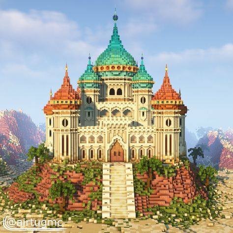 Here’s my first time ever building a desert castle and I’m super happy with how this one turned out! This might be a top 3 build for me… | Instagram Minecraft Amphitheater, Minecraft Castle Builds, Minecraft Empire, Desert Castle, Minecraft Palace, Minecraft Temple, Moroccan Palace, Colorful Castle, Minecraft Desert