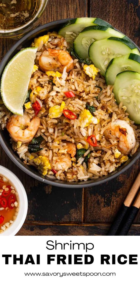 Thai Basil Fried Rice is absolutely delicious and can be made in 12 minutes with basic ingredients like shrimp, rice, eggs, and aromatics. Get ready for a one pan weeknight dinner that's so easy to make and packed full of flavors! Thai Basil Fried Rice, Basil Fried Rice, Shrimp Rice, Thai Basil, One Pan, Weeknight Dinner, Fried Rice, Stir Fry, Basil