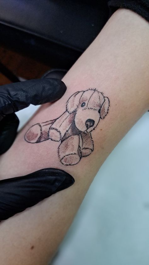 Childhood Stuffed Animal Tattoo, Stuffed Animal Tattoo, Toy Tattoo, Dog Stuffed Animal, Stick And Poke, Jewelry Tattoo, Dog Tattoo, Cuddly Toy, Dog Tattoos