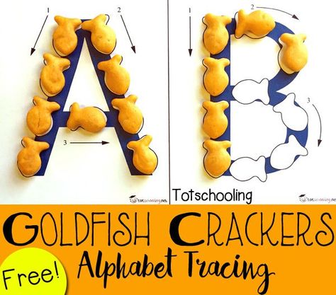 gold fish crackers Abc Games For Kids, Free Printable Alphabet, Fish Crackers, Fish Activities, Goldfish Crackers, Tracing Sheets, Making Words, Alphabet Games, Preschool Literacy