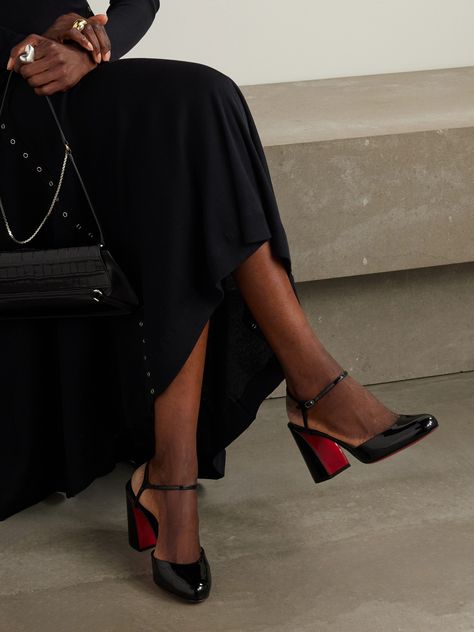 From the angular block heels to the low-cut vamps, Christian Louboutin's 'Jane' pumps are imbued with retro charm. They're crafted from patent-leather in a round-toe shape and have slim, buckle-fastening straps to ensure a secure fit. Miss Jane Louboutin, Louboutin Mary Jane, Me Dolly Louboutin, Black Platform Heels Outfit Classy, Louboutin Kitten Heels, Christian Louboutin Boots Outfit, Black Classy Heels, Christian Louboutin Shoes Wedding, Office Heels Classy