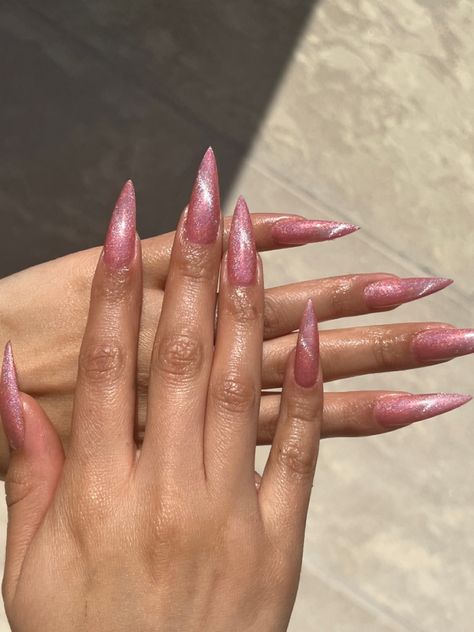 Pink Nails With Chrome Design, Pink Acrylic Nails Pointy, Short Pink Stilleto Nails, Pink Stelito Nails, Chrome Stilleto Nails Designs, Glitter Stilleto Acrylic Nails, Pink Nail Designs Y2k, Creative Pink Nails, Pink Nails Sharp