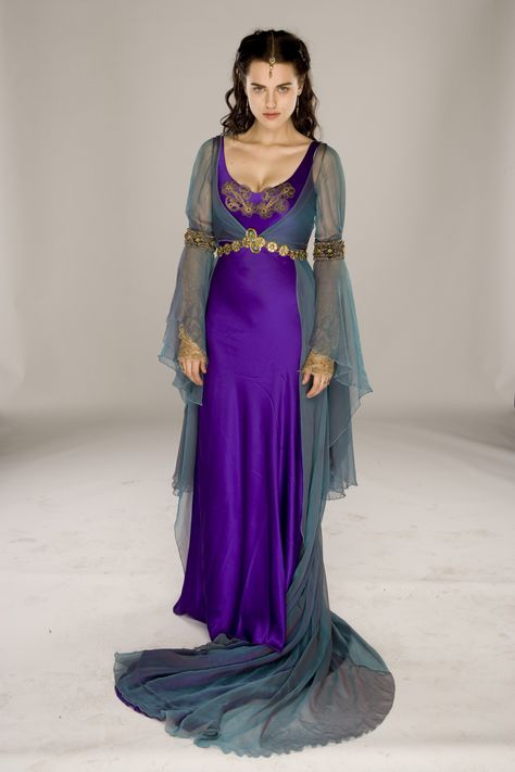 Merlin - Photoshoot for Morgana portrayed by Katie McGrath Morgana Dress, Celtic Bride, Lady Morgana, Colorful Gown, Lacey Dress, Lena Luthor, Fantasy Dresses, Katie Mcgrath, Medieval Clothing