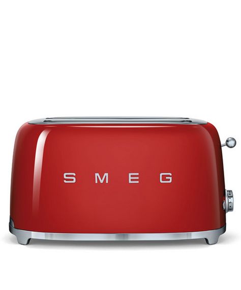 Smeg TSF02RDUK 50's Retro Style Red 4 Slice Toaster. Perfect for larger households, with the 2 extra wide slots, that can fit in 4 slices of bread. Accessories can be purchased as optional extras. These include, Sandwich rack and Bun Warmer. A Browning control button, allows you to be in control of how brown you would like your toast. With the re-heat button, this allows you to warm up the toast if it got cold or add extra browning time to something that you would like a bit more brown. Retro Microwave, Smeg Toaster, Domestic Appliances, Range Cooker, Energy Efficient Design, Red Retro, High Technology, 50 Style, Small Appliances