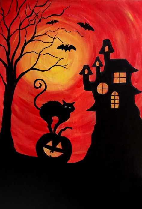 Halloween Art Drawing, Fast Painting, Ghost Artwork, Halloween Art Lessons, Group Challenges, Halloween Painting Ideas, Halloween Canvas Paintings, Halloween Folk Art, Spooky Night