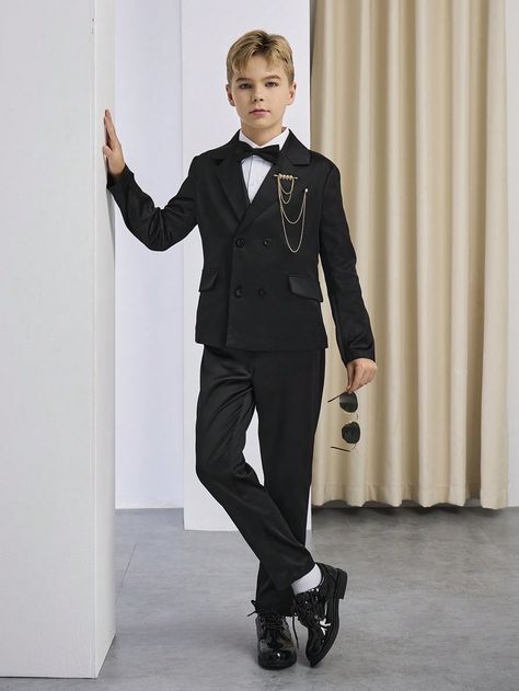 Black Party Collar   Plain  Embellished Slight Stretch  Tween Boys Clothing Gentlemen Suit, Suits And Ties, Boys Formal Wear, The Suits, Formal Tuxedo, Fancy Suit, Boy Black, Men Suit