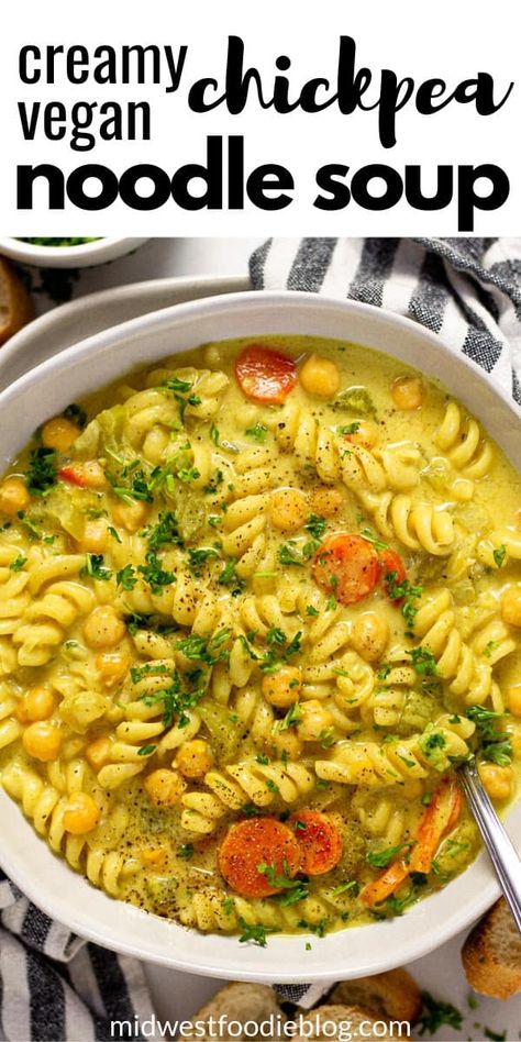 This creamy chickpea noodle soup is the best vegan comfort food you'll find on the internet! It's filled with pantry ingredients and loaded with warm, cozy, flavors that will have your family cleaning their bowls and asking for seconds! Chickpea Noodle Soup, Veggie Noodle Soup, Soup Chicken Noodle, Chickpea Noodle, Vegan Noodle Soup, Vegan Chicken Noodle Soup, Creamy Chickpea, Truck Upgrades, Vegan Mediterranean